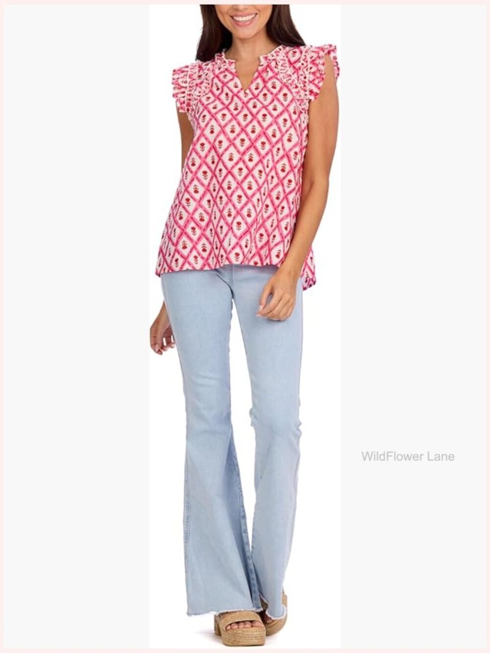 Flutter Sleeve V-Neck Cotton Cambric Blouse Top